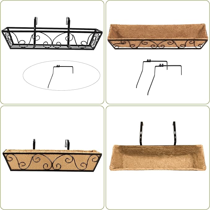 Y&M 24 Inch Window Deck with Coco Liner, Fence Metal Hanging Flower Planter Window Basket Deck Railing Planter Boxes for Outdoor Garden Lawn-Butterfly,2pcs