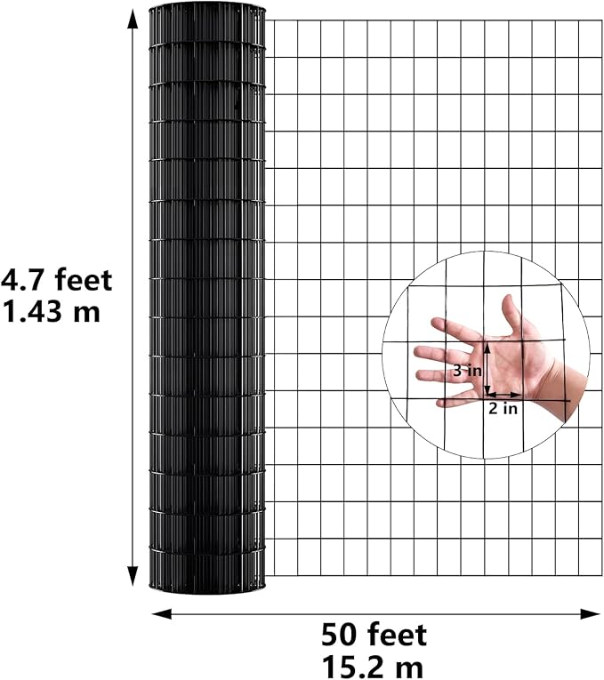 Welded Wire Fence 4.7 ft X 50 ft Mesh Size 2-Inch x 3-Inch Wire Mesh Roll Chicken Metal Fencing Poultry Netting for Poultry Fence, Border Fencing (USE 6 FT Post)