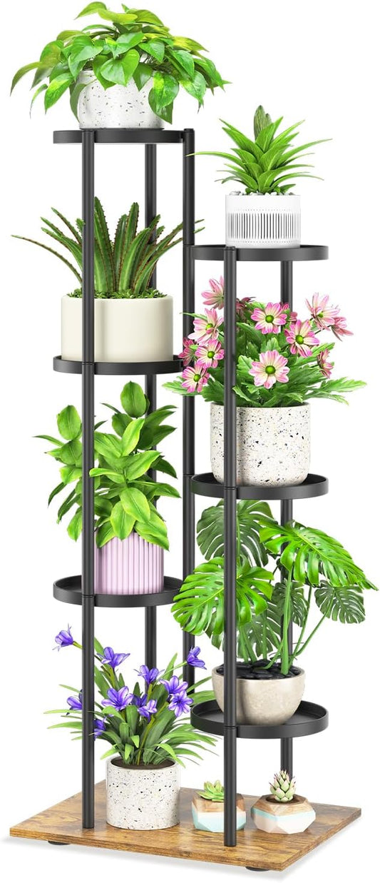 iDavosic.ly 6 Tier Plant Stand Indoor Outdoor, Tiered Corner Multiple Flower Pot Holder Shelf, Metal 44 Inch Tall Display Rack for Patio Porch Living Room Garden Balcony, Modern Black & Rustic Brown