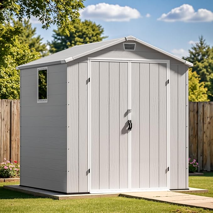 Patiowell 6X6 FT Outdoor Storage Shed with Lockable Door and Floor - Resin Garden Tool Shed with Window, Waterproof Easy Assembly for Backyard, Lawn, Patio Furniture Storage (Light Grey)