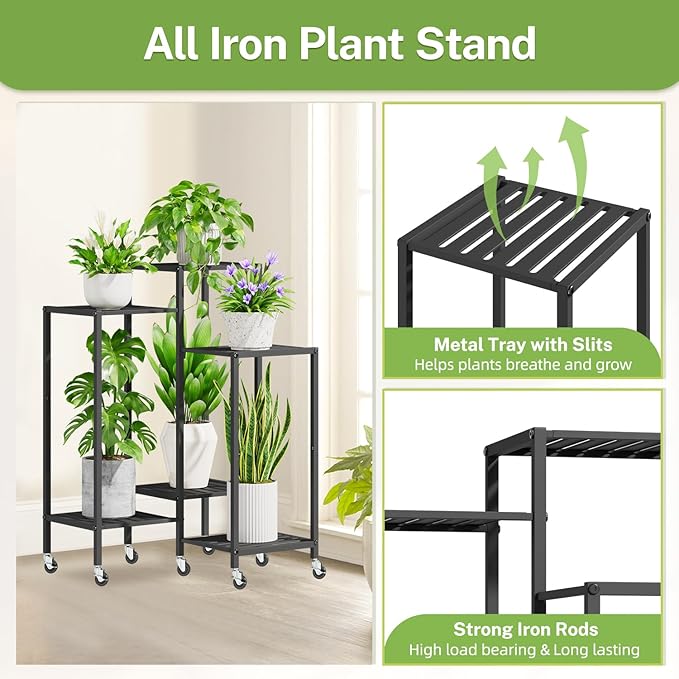 iDavosic.ly 6 Tier Plant Stand Indoor with Wheels, Metal Tiered Corner Flower Holder Shelf Outdoor for Large Pots, Tall Rolling Rack for Patio Porch Garden Balcony Living Room, Modern Black