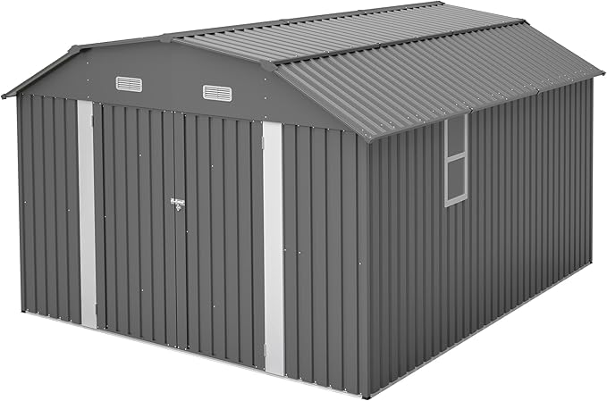 10×12 FT Outdoor Storage Shed,Heavy-Duty Metal Shed with Floor Base,All Weather Waterproof Tool Shed W/Diamond Roof & Windows,Lockable Double Door & 4 Air Vents,for Backyard,Patio,Lawn,Gray