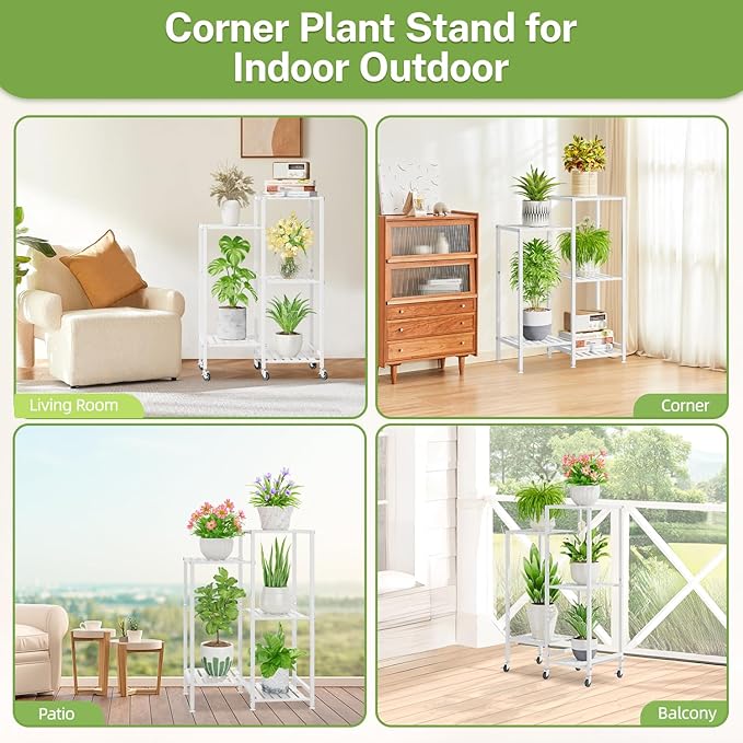 iDavosic.ly 5 Tier Plant Stand Indoor with Wheels, Metal Tiered Corner Flower Holder Shelf Outdoor for Large Pots, Tall Rolling Rack for Patio Porch Garden Balcony Living Room, White