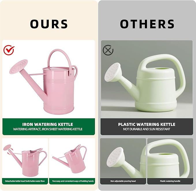 Galvanized Watering Can for Outdoor Indoor Plants, 1.7 Gallon Pink Decorative Countryside Style Water Can with Removable Spout, Metal Watering Can for Indoor Plants and Garden Flower