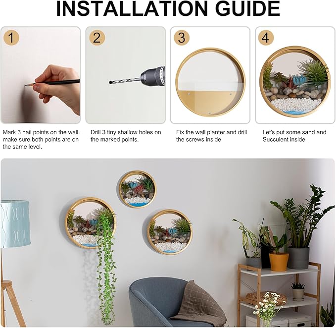 Gold Metal Wall Planter Set of 3, Indoor Metal Hanging Planter with 10Pcs Artificial Succulents Wall Decor Round Succulent Planters Air Plant Pots Container for Cactus Home Office Decor