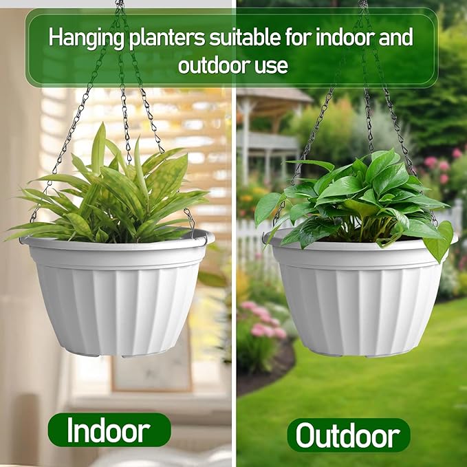 FGstyle Hanging Planters 10 Inch, 4 Pcs Self Watering Pots for Indoor Plants,Plastic Hanging Basket with Soil Elevator and 20" Chain for Home Garden Porch Balcony Patio Decor(White)