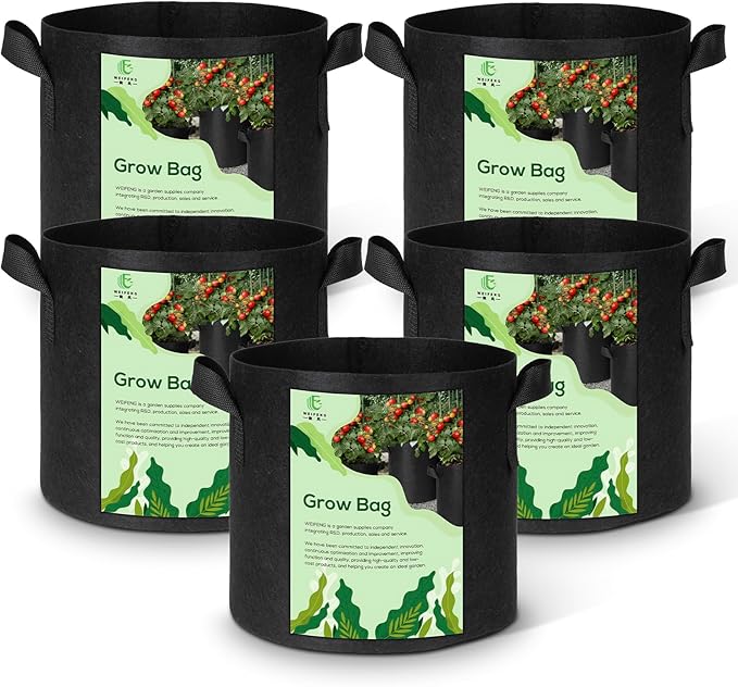WEIFENG 5-Pack Grow Bags 5 Gallon, Heavy Duty Fabric Pots for Potatoes, Tomatoes, Vegetables - Aeration Prevents Root Rot