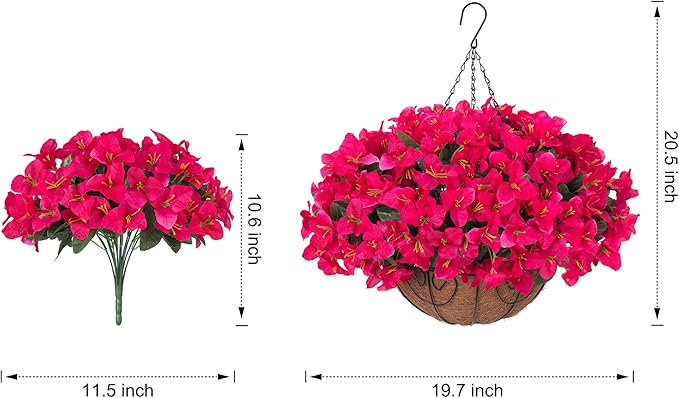 Artificial Fake Hanging Flowers Plants Basket for Outdoors Spring Summer Decoration, Faux Silk Bougainvillea Flowers in Planter UV Resistant Realistic for Outside Porch Patio Garden Yard Home, Hotpink