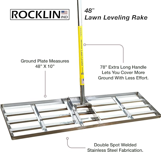 Rocklin™ Lawn Leveling Rake |Stainless Steel Surface Leveling Tool | Level Soil or Dirt Ground Surfaces Easily | 48” x 10” Ground Plate | 78” Extra Long Handle