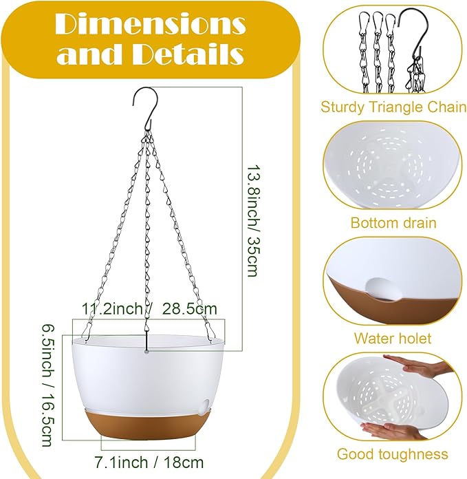 Remerry 6 Pcs 11.2 Inch Hanging Planters Hanging Plant Basket for Indoor Outdoor Plants Set Plastic Hanging Flower Pot with Drainage Holes and Removable Trays for Home Garden (White)