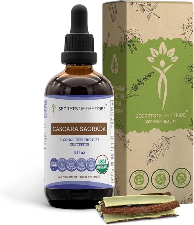 Secrets of the Tribe Cascara Sagrada USDA Organic | Alcohol-Free Extract, High-Potency Herbal Drops | Made from 100% Certified Organic Cascara Sagrada (Frangula purshiana) Dried Bark (4 oz)