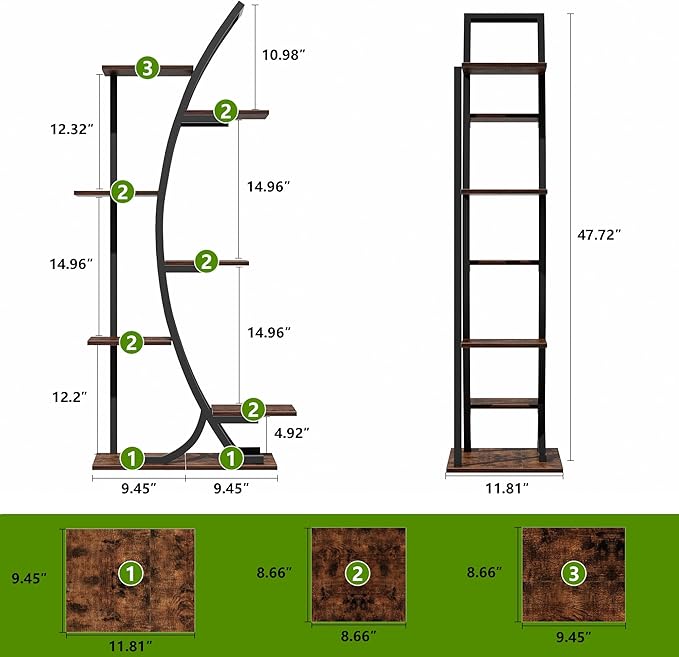 JUSTOGO Plant Stand Indoor with Grow Lights, 47" 7-Tier Corner Plant Shelf Rack, Multi-Pot Holder Display Stand for Plants, Flowers - Garden, Patio, Living Room Decor, Black