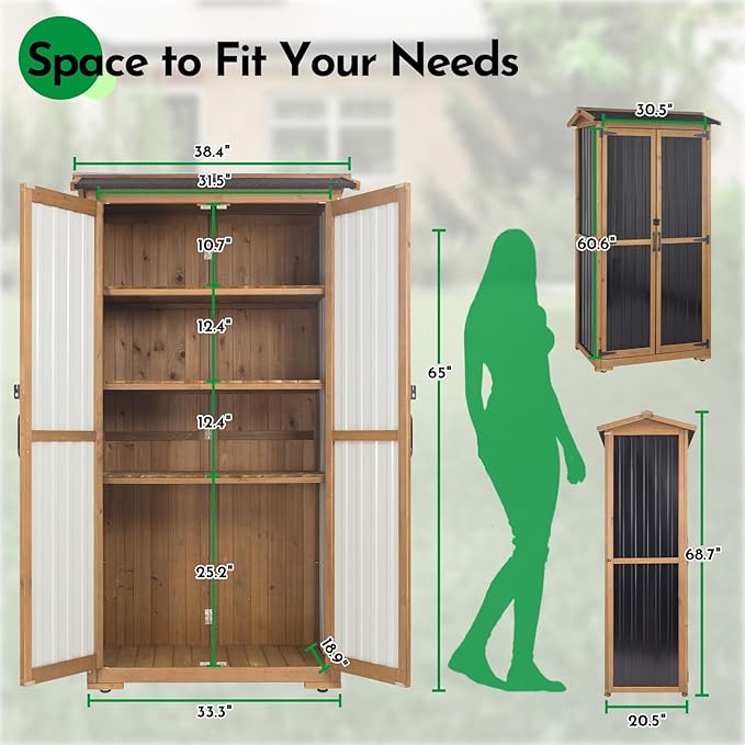 Large Outdoor Storage Cabinet, Wood Outdoor Storage Shed with Three Adjustable Shelves, Lockable Doors, Waterproof Roof, Outdoor Cabinets Garden Tool Shed, Brown, 38''x20.5''x69''