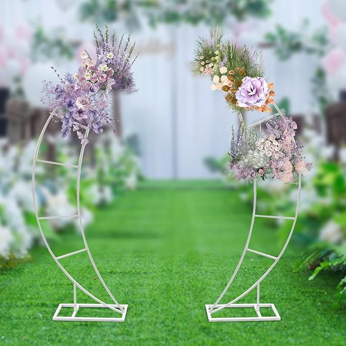 Wedding Arch Stand for Ceremony 2PCS Moon-Shaped White Modern Metal Balloon Arch Stand Kit Garden Floral Arch Frame Background for Anniversary Birthday Party Decoration Home Garden Outdoor Lawn Decor