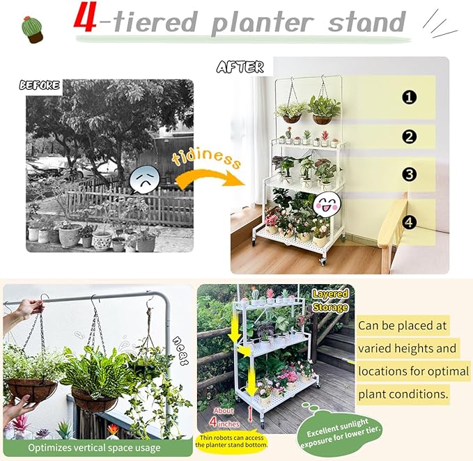 lumizone Foldable 4-Tier Plant Stand Indoor Outdoor Hanging Plant Shelf No Assembly Required Pot Placement Area With Wheels Sturdy Fall Prevention Storage Shelf Flower Pot Stand(4 Tier-Black)