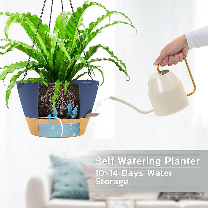 ZMTECH 12 Inch Hanging Planters for Indoor Plants, 1 Pack Self Watering Hanging Planter with Visual Reservoir, Hanging Pots for Plants Outdoor with Drainage Hole and Plant Hanger(1 Pack, Blue)