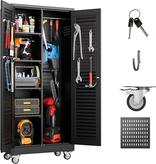 Mop and Broom Closet Storage Cabinet with Wheels and Pegboard,Metal Garage Storage Cabinet with Doors and Adjustable Shelves for Garage Home,Required Assembly,Black