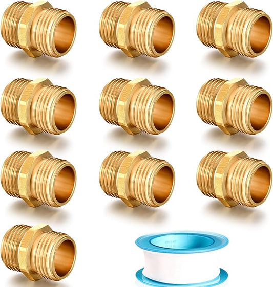 Garden Hose Connector Adapter,3/4" GHT Double male Connectors, Brass Repair Fittings with Dual for Male to Male Adapter (10 Pack)