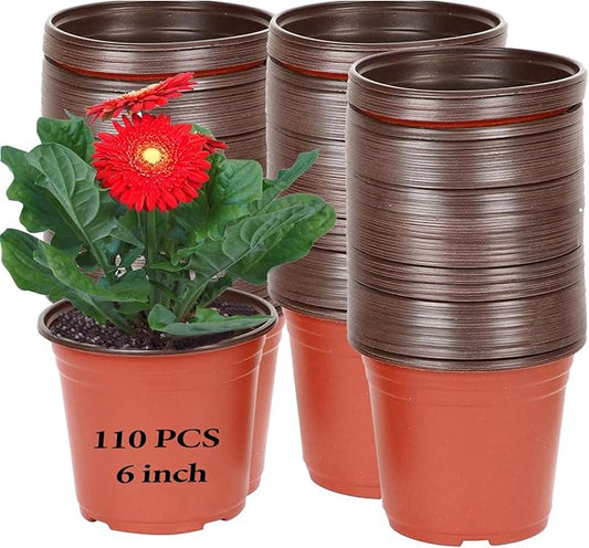 KINJOEK 110 Packs 6 Inch Plastic Flower Pots,1/2 Gallon Plant Pot, Seed Starting Plastic Planter Bulk for Seedling Transplant Indoor Outdoor Supply Garden