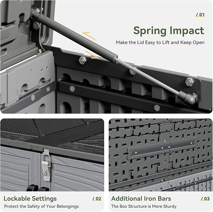 AOXUN Horizontal Storage Sheds 41 Cu.ft, HDPE Outdoor Storage Box 160 Gallon, Waterproof Lockable Resin Deck Box with Spring-Assisted Lid, Patio Storage for Garden, Pool, Cushions, Tools, Grey