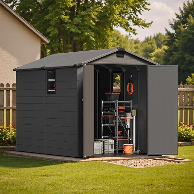 Patiowell 6x10FT Outdoor Storage Shed with Floor, Plastic Resin Garden Shed with Lockable Door, Windows, Weather-Resistant for Lawn Mower, Tool & Backyard Storage (Dark Grey)