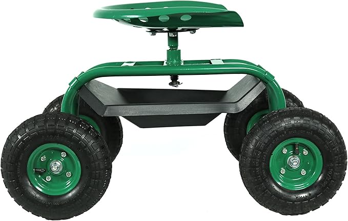 Sunnydaze Rolling Garden Cart with Swivel Seat and Storage - Rolling Garden Seat with Wheels - Gardening Stool with Wheels - Green