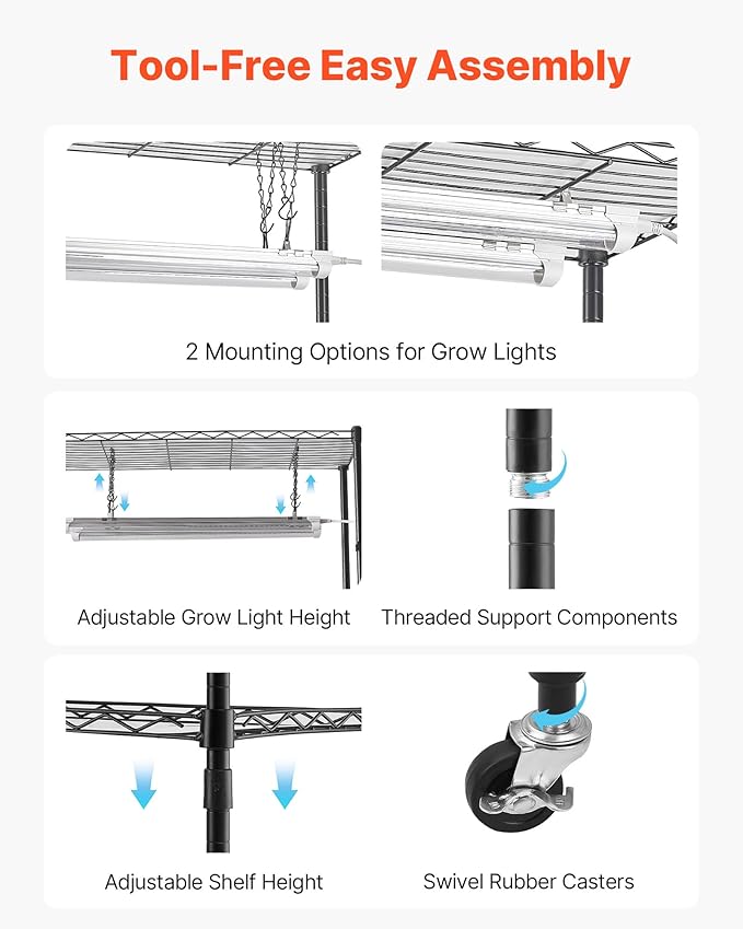 VEVOR DIY Plant Shelf with Grow Lights, 71 in Tall Indoor Plant Stand with Wheels, 192W 5000K Full Spectrum Grow Lights, Heavy Duty Metal Plants Display Rack, Flower Pot Holder for Seed Starting