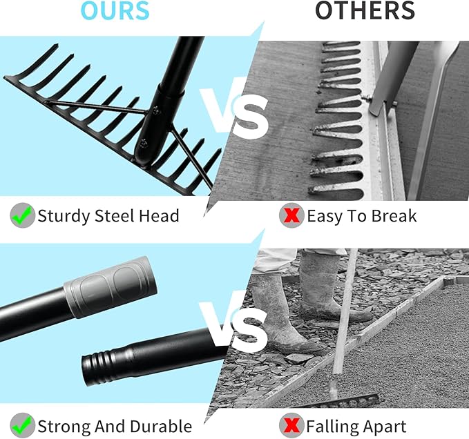 Heavy Duty Bow Rake Garden Rake with Stainless Steel Handle with 16 Steel Tines Garden Tool for Loosening Soil Gathering Leaf Leveling Lawn Farming Land Management Yarn Thatch Rakes