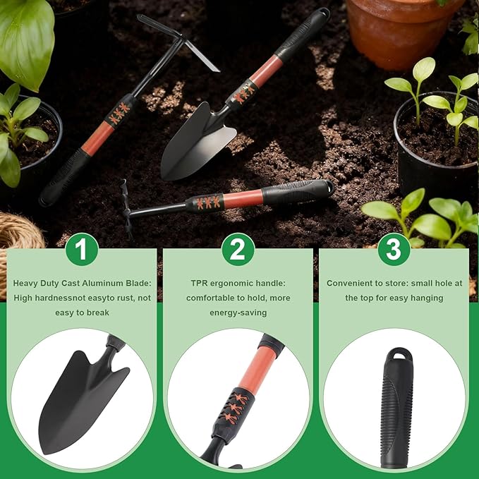 Garden Tool Set, 4 Pack Gardening Tools, Stainless Steel Heavy Duty Hand Cultivator, Hoes, Shovel, for Planting Weeding Digging, Gardening Gifts for Women, Red