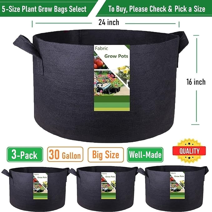 3-Pack 30 Gallon Thickened Plant Grow Bags Large (24x16 in) Heavy Duty Garden Bag Fabric Plant Pots for Tomato,Potato Planter,Flower Pots,Herbs Veggies Planting,Barrel Planter,Yard Waste Bag,Leaf Bags