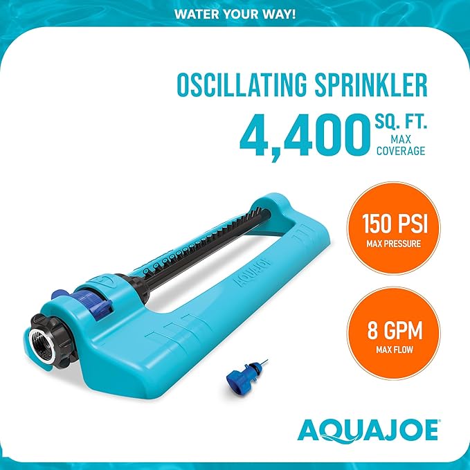 Aqua Joe SJI-OMS20 Jumbo Oscillating Sprinkler with Adjustable Spray and Metal Base, Up to 4,400-Square-Foot Coverage, 70-Foot Spray Distance, 63-Foot Spray Width
