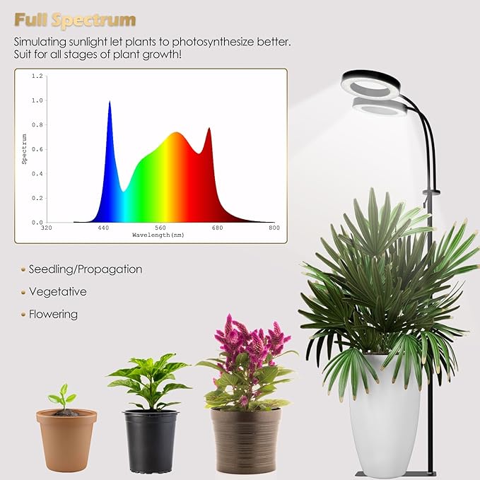 GLOWRIUM Grow Lights for Indoor Plants, Full Spectrum LED Grow Light Floor Lamp with Stand Adjustable Height and Angle, Black Plant Light with 3/9/12H Grow Light Timer (Black, 36W)