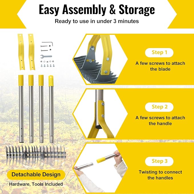 Garden Leaf Rake: Dual Function Thatching Rake for Lawn Dead Grass Leaves, Stainless Steel Heavy Duty 69” Lawn Dethatcher with Sharp 19 Tines, Fast Weeds, Leaf, Thatch, Dead Grass Removal Garden Tool