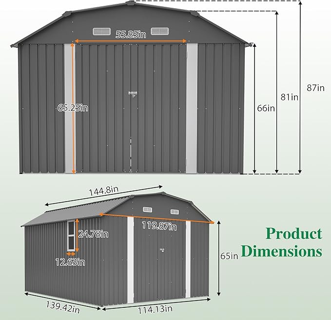 10×12 FT Outdoor Storage Shed,Heavy-Duty Metal Shed with Floor Base,All Weather Waterproof Tool Shed W/Diamond Roof & Windows,Lockable Double Door & 4 Air Vents,for Backyard,Patio,Lawn,Gray