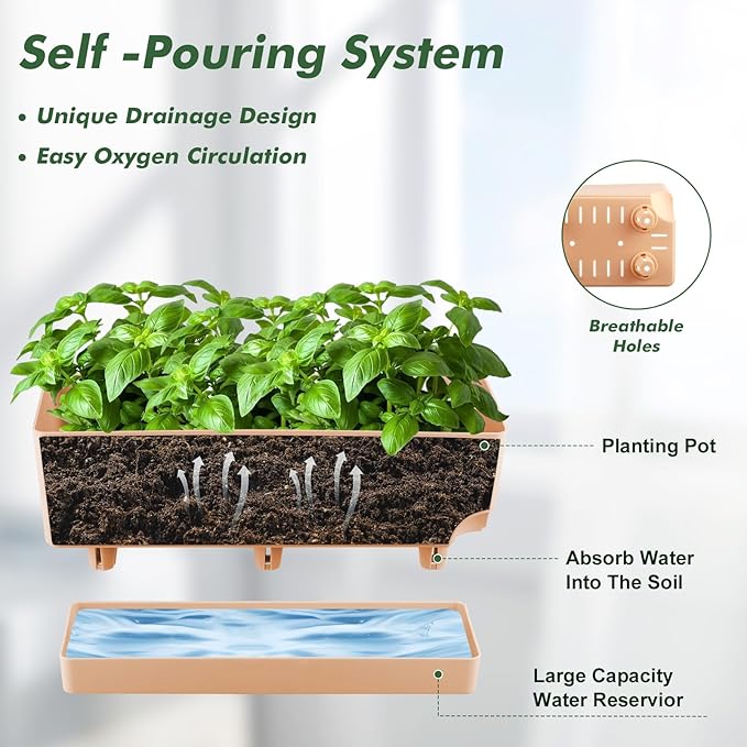 4 Pack Self Watering Pots for Indoor Plants 17 Inches Window Boxes Planters Rectangular Flower Pots Rectangle Herb Pots Large Plant Pots with Drainage Holes and Saucers Windowsill Planter, Orange