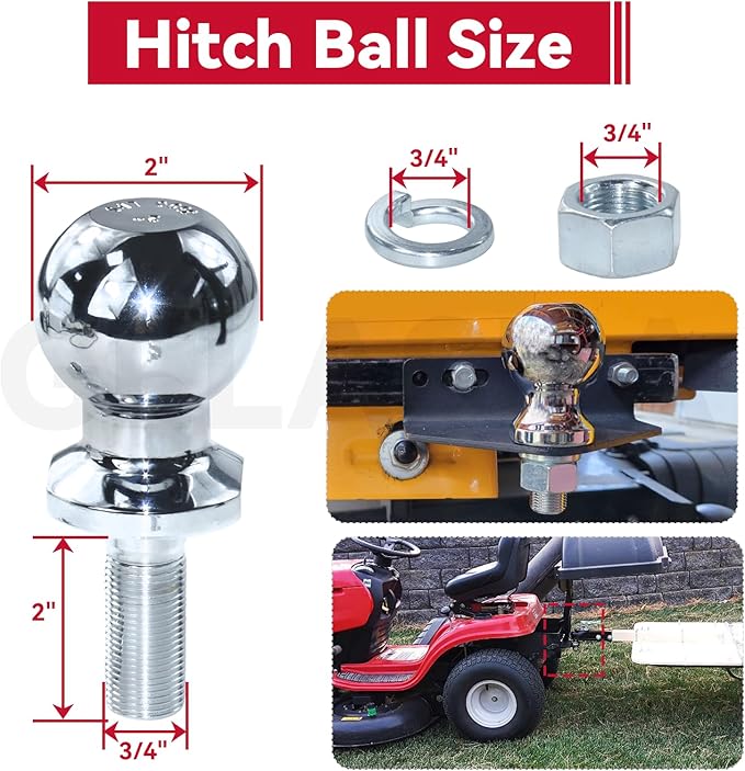 GELASKA Lawn Mower Hitch Kit with Chrome Trailer Hitch Ball, 3/4 x 2 inch Hitch Ball, Garden Tractor Pro Hi Hitch, Garden Tractor Pro Hi Hitch with Mounting Kit and Tool Kit (4 Carriage Bolt, 3 Nuts)