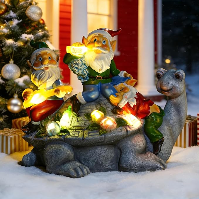 Christmas Gnomes Outdoor Statue Three Gnomes Having Party on Turtle with 7 LED Solar Figurine for Garden Lawn,Patio,Yard Decor Unique for Grandfather, Father,Grandma,Wen