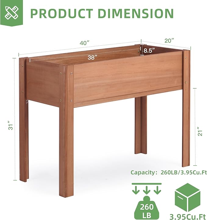 40x20x31 inch Raised Garden Bed with Legs, Elevated Wooden Planter Box for Outdoor Plants Flowers Fruits Vegetable Herb Growing