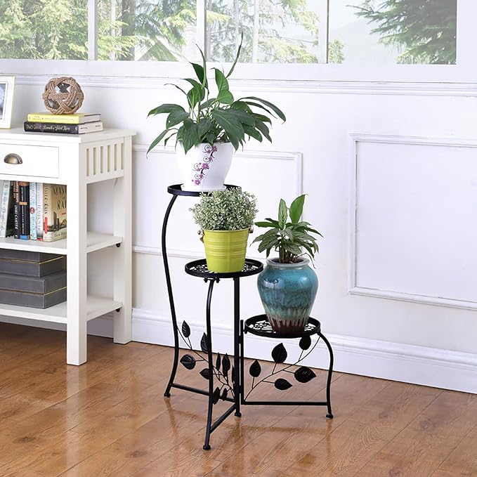 DAZONE 3-Tier Plant Stand for Indoor and Outdoor Use, Black Wrought Iron Metal Plant Shelf Holds 3 Pots, Space-Saving Decor for Corner, Balcony, Bedroom, Garden