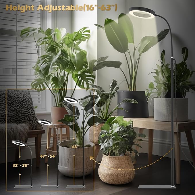 GLOWRIUM Grow Lights for Indoor Plants, Full Spectrum LED Grow Light Floor Lamp with Stand Adjustable Height and Angle, Black Plant Light with 3/9/12H Grow Light Timer (Black, 20W)