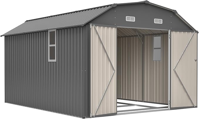 10×12 FT Outdoor Storage Shed,Heavy-Duty Metal Shed with Floor Base,All Weather Waterproof Tool Shed W/Diamond Roof & Windows,Lockable Double Door & 4 Air Vents,for Backyard,Patio,Lawn,Gray