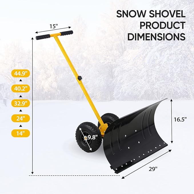 EAGLE PEAK Wheeled Snow Shovel for Driveway, Personal Snow Pusher with Wheels, Adjustable Plow Angle, Ergonomic Handle, Heavy Duty 29”x16.5” Blade, Single Rod Plow Shovel, Yellow