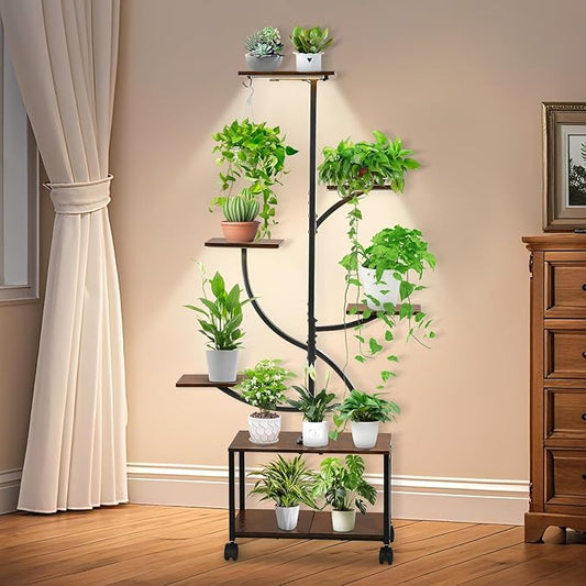 Indoor Plant Stand with Grow Light, 60" Tall Corner Plant Stand, 7 Tiered Metal Planted Shelf Rack with Wheels, Large Flower Holder for Home Living Room Patio Garden (Black)