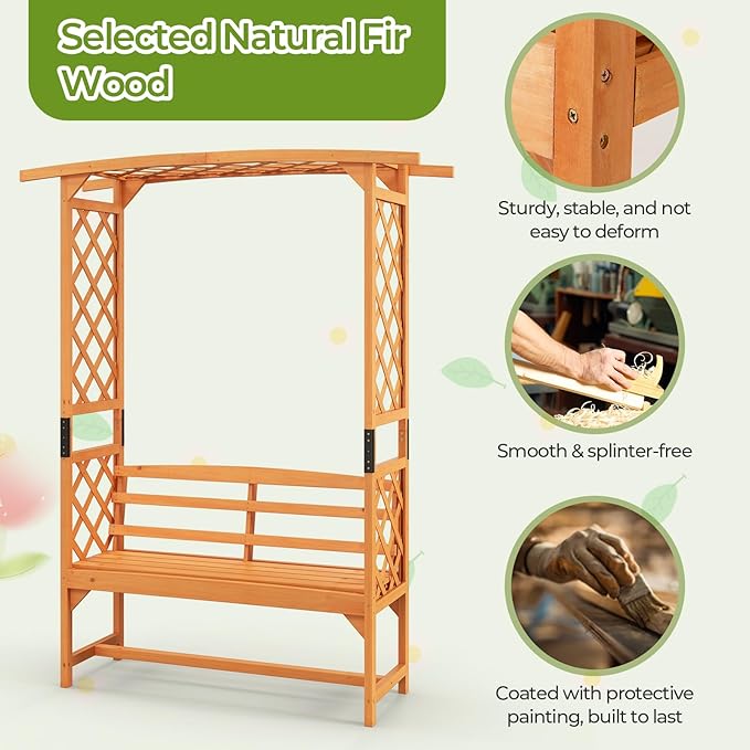 Giantex Garden Arch Trellis with Bench - 63''W x 79''H Wooden Arbor with 2-Person Outdoor Bench, Garden Arbors Archway Pergola for Climbing Plants Rose Wedding Backyard Party Lawn Decor
