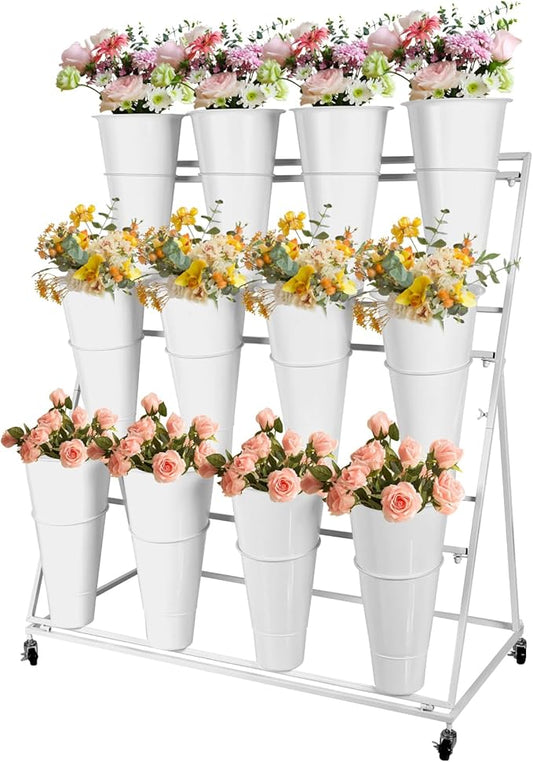 Flower Display Stand with Buckets, 3 Layers 12PCS Buckets Metal Flower Cart Display Stand with Wheels, for Patio Garden, Living Room (3 Layers White Round Bucket)
