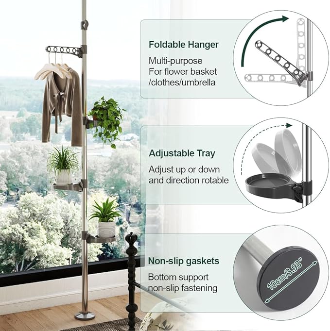 Hershii 5-Layer Indoor Plant Stand Pole Spring Tension Rod Corner Flower Display Rack Holder Adjustable Telescopic Floor to Ceiling Shelf Space Saving - Grey