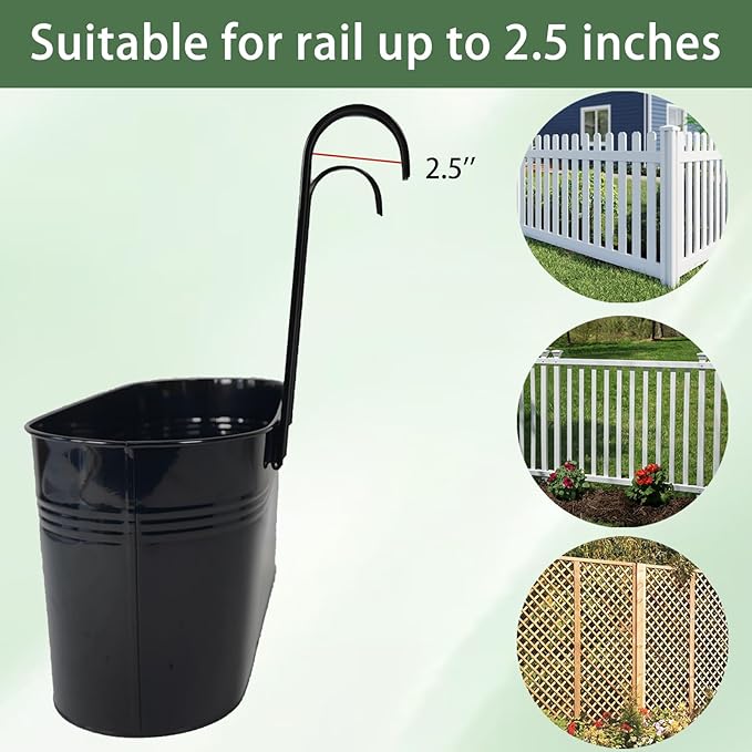 Hanging Planters for Outdoor Plants, 17" Railing Planter Pots, Metal Fence Flower Pot for Porch Balcony with Detachable Hook (Black, Pack of 2)