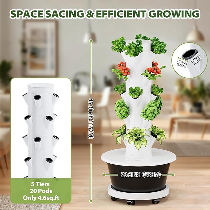 SPECILITE Hydroponics Growing System Kit, Movable Hydroponic Tower with 5 Tiers 20 Pods, Vertical Indoor & Outdoor Gardening System with Pump & Timer for Vegetables, Fruits, Herb
