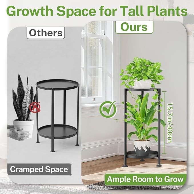 iDavosic.ly 2 Tier Plant Stand Indoor with 10 Inch Wide Tray, Vertical Corner Metal Outdoor Flower Display Holder Shelf, Folding Tall Rack for Patio Porch Living Room, Modern Black