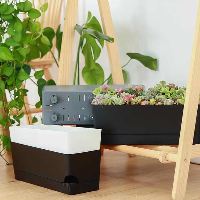 4 Pack Self Watering Pots for Indoor Plants 17 Inches Window Boxes Planters Rectangular Flower Pots Rectangle Herb Pots Large Plant Pots with Drainage Holes and Saucers Windowsill Planter, Grey